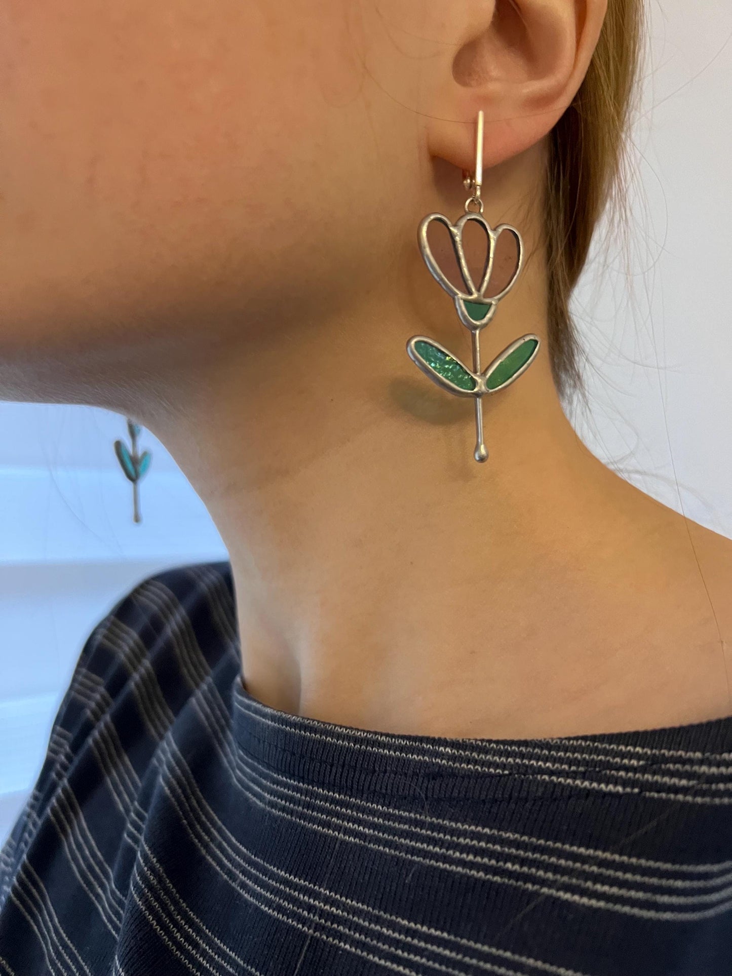 Stained Glass Flower Dangle Earrings: Handmade Art Glass, Sterling Silver