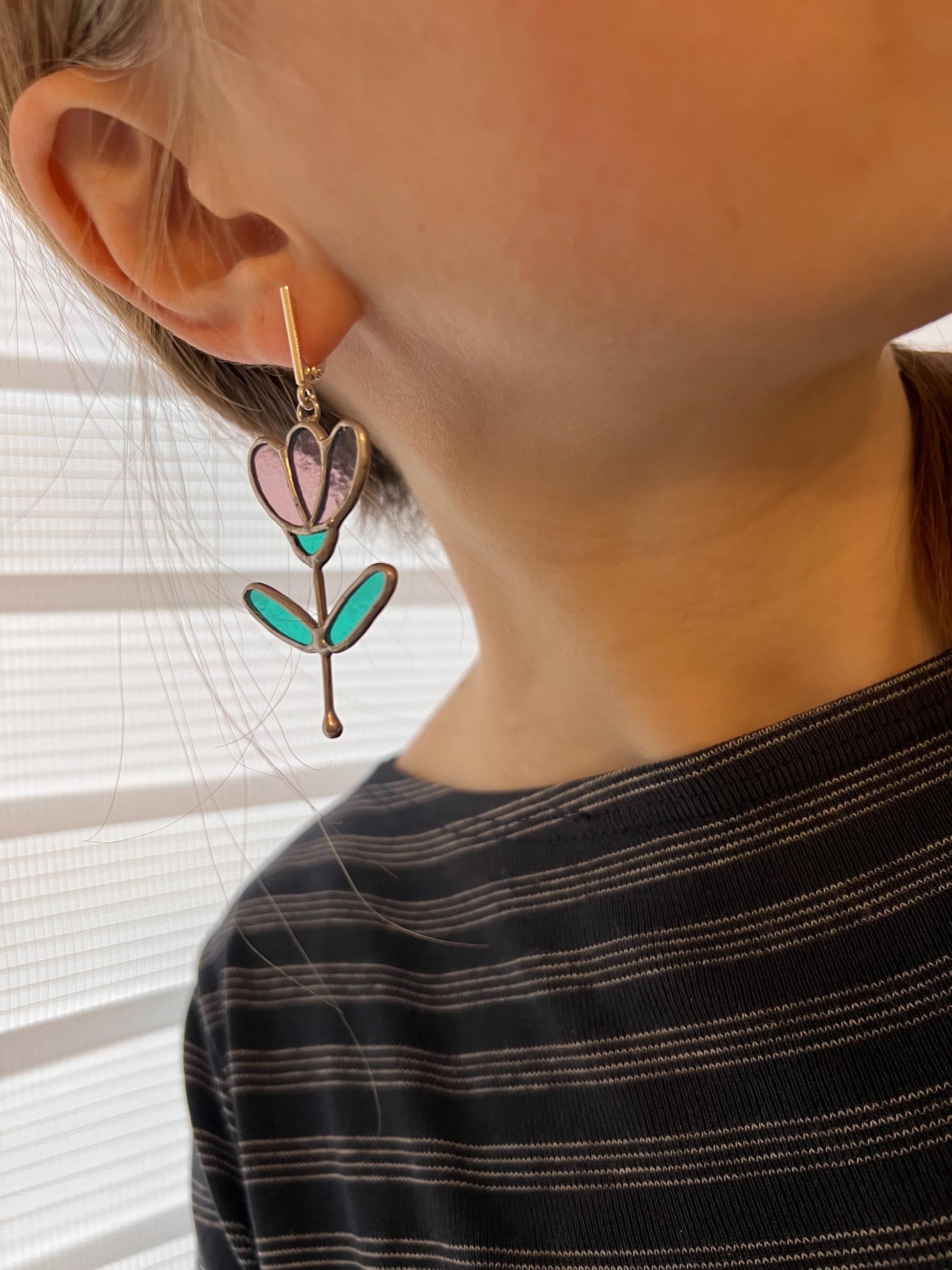 Stained Glass Flower Dangle Earrings: Handmade Art Glass, Sterling Silver