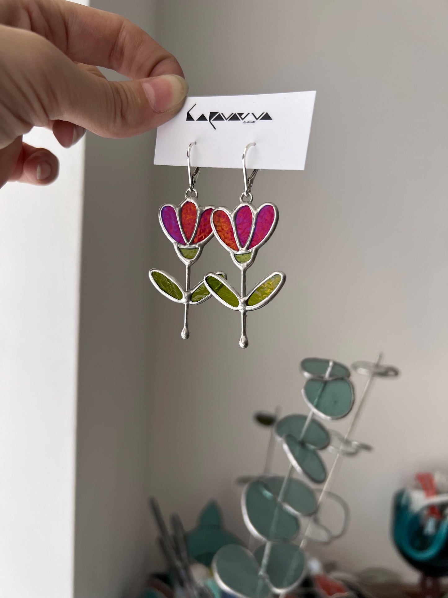 Stained Glass Flower Dangle Earrings: Handmade Art Glass, Sterling Silver