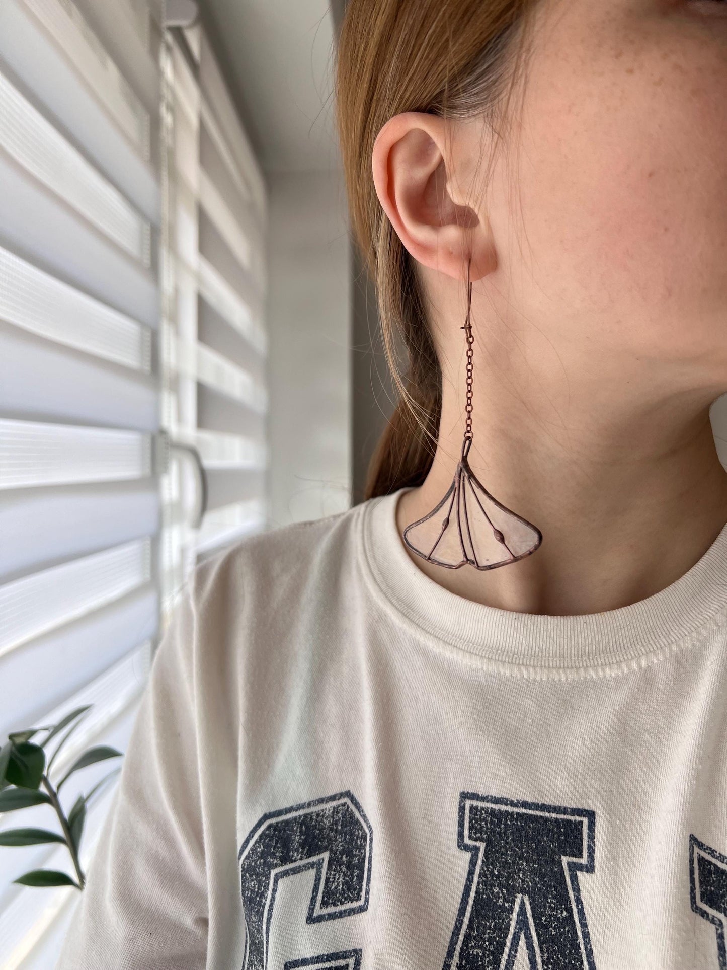Stained Glass Ginkgo Leaf Earrings: Green Copper Dangle Plant Jewelry