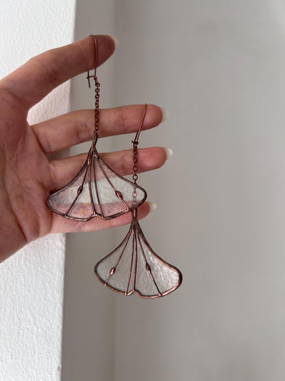 Stained Glass Ginkgo Leaf Earrings: Green Copper Dangle Plant Jewelry