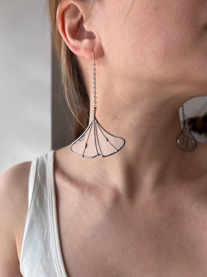 Stained Glass Ginkgo Leaf Earrings: Green Copper Dangle Plant Jewelry