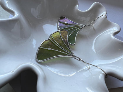 Stained Glass Ginkgo Leaf Earrings: Green Copper Dangle Plant Jewelry