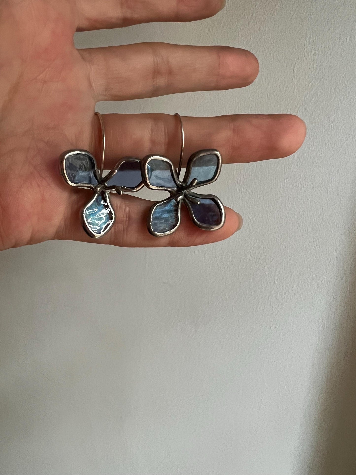 Stained Glass Hydrangea Earrings: Botanical Mismatched Dangle Art Jewelry