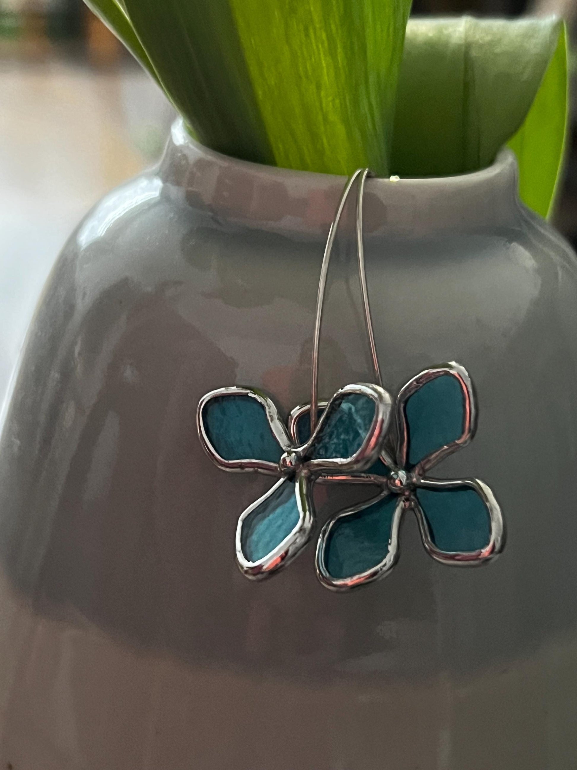 Stained Glass Hydrangea Earrings: Botanical Mismatched Dangle Art Jewelry