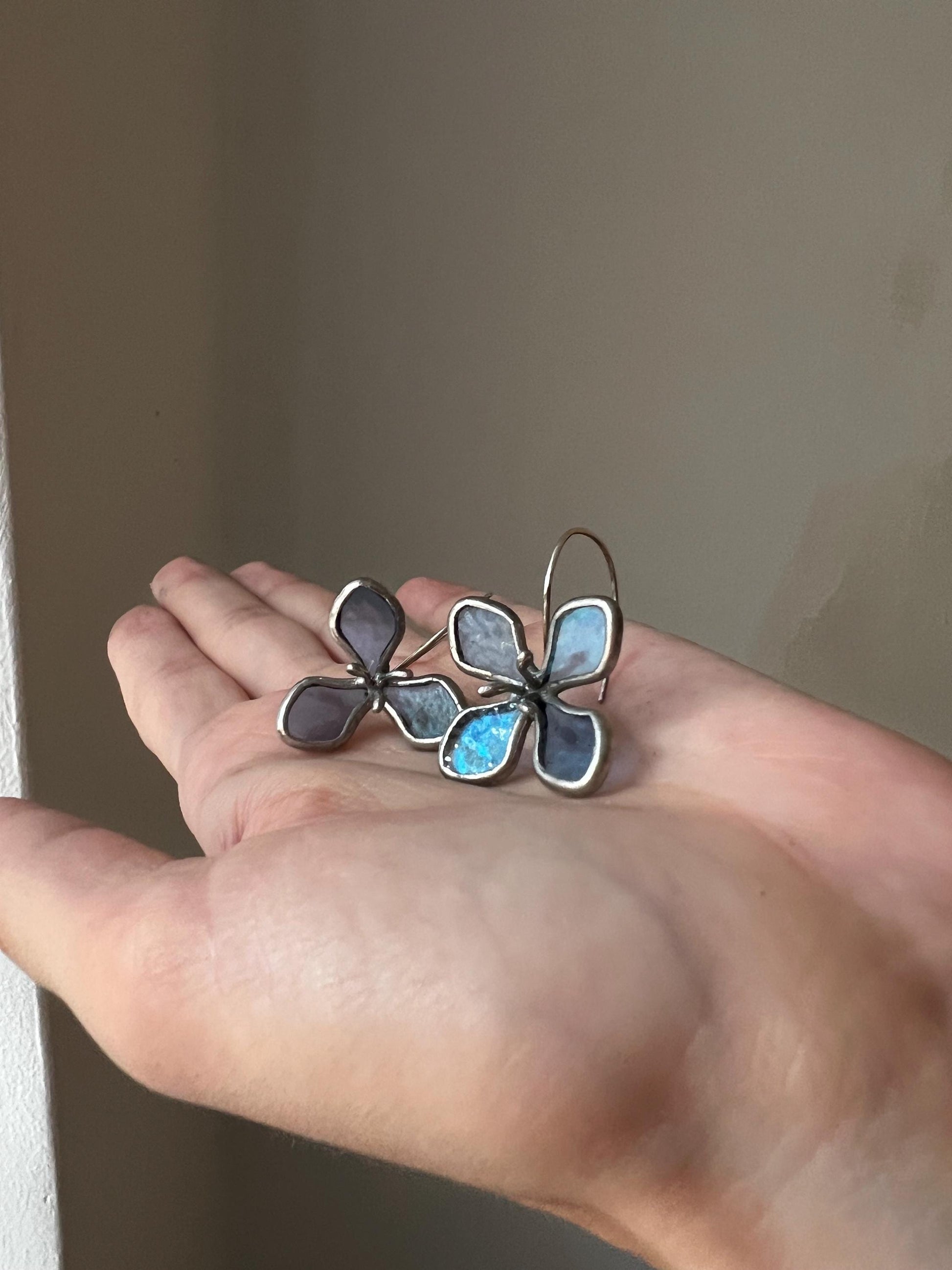 stained glass hydrangea earrings blue green flower jewelry in hand