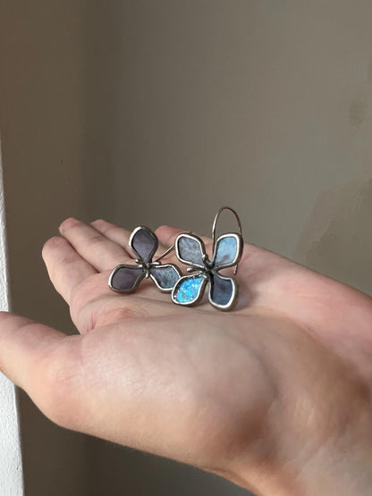 stained glass hydrangea earrings blue green flower jewelry in hand
