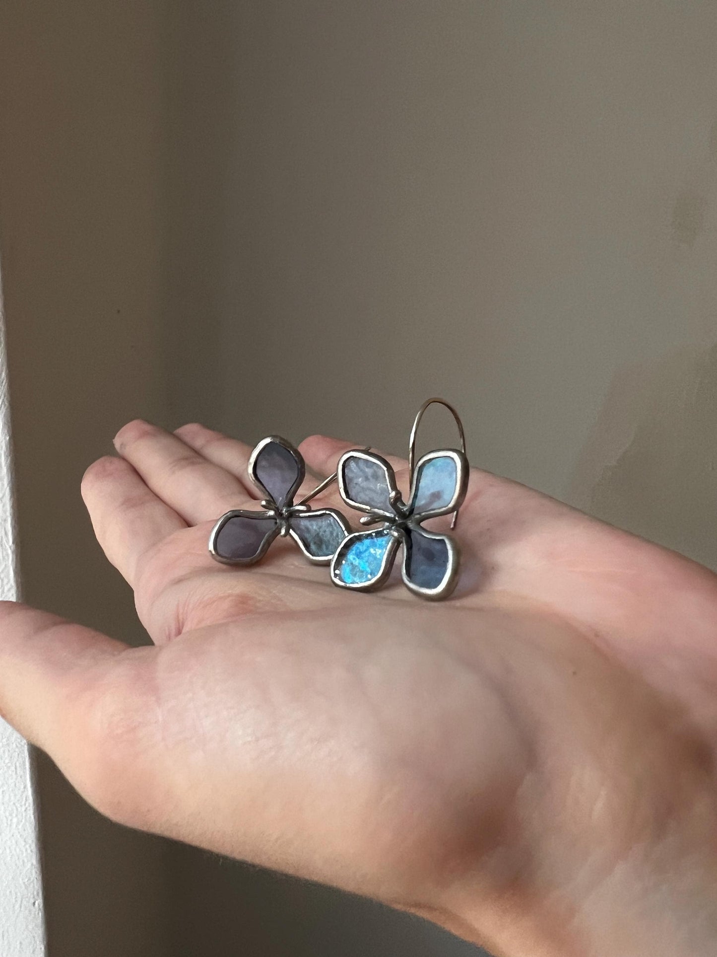 stained glass hydrangea earrings blue green flower jewelry in hand