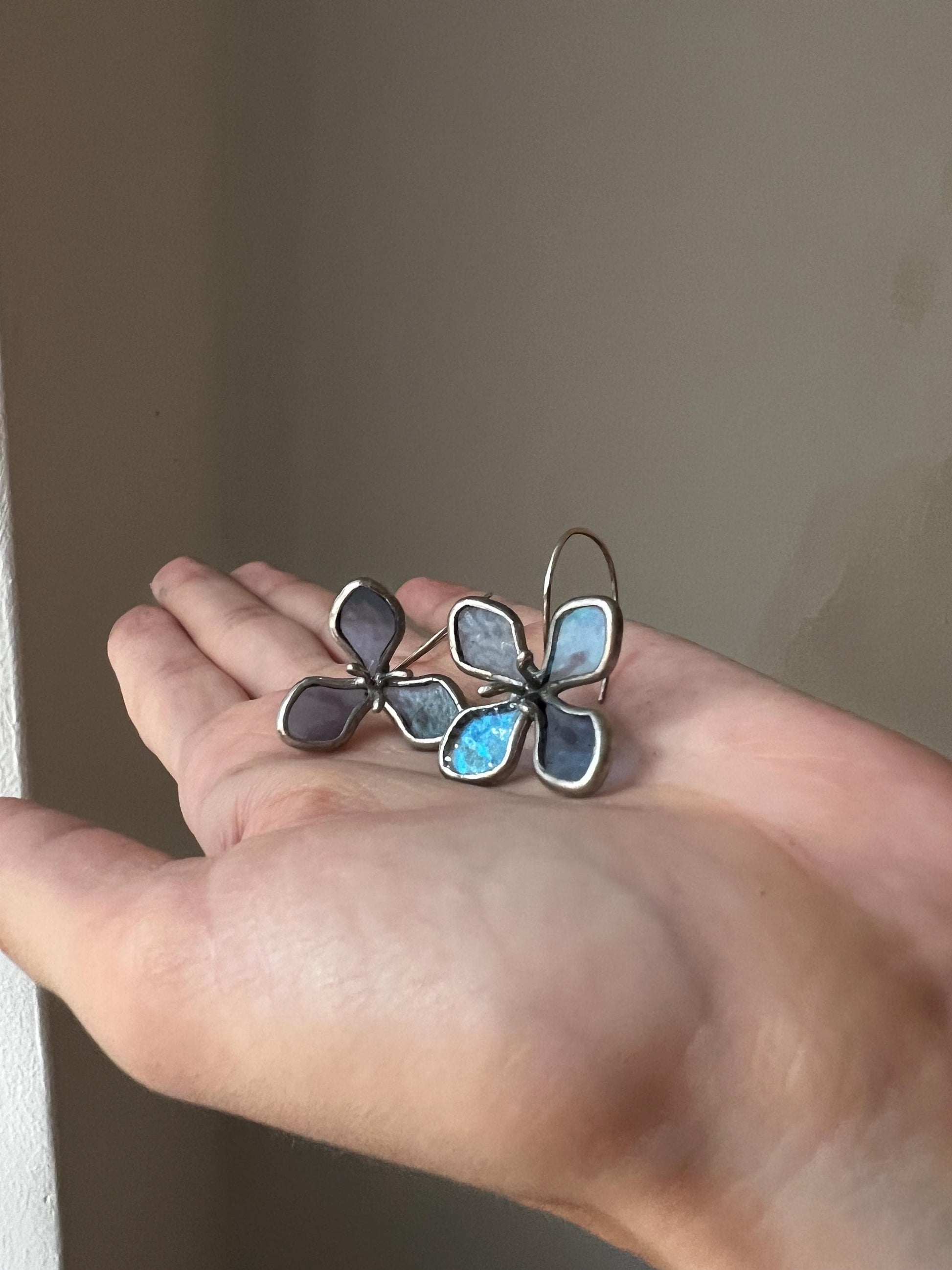 stained glass hydrangea earrings blue green flower jewelry in hand