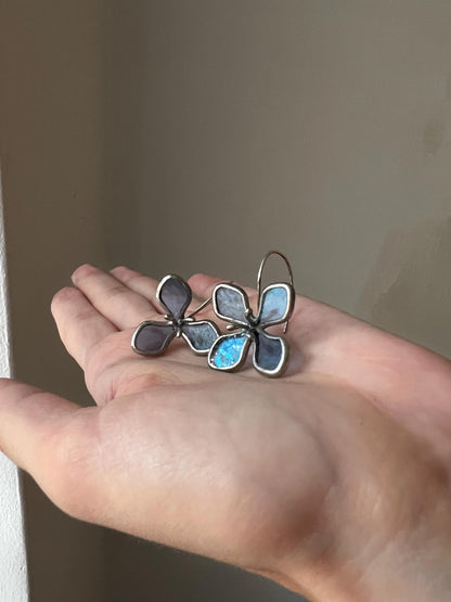 stained glass hydrangea earrings blue green flower jewelry in hand