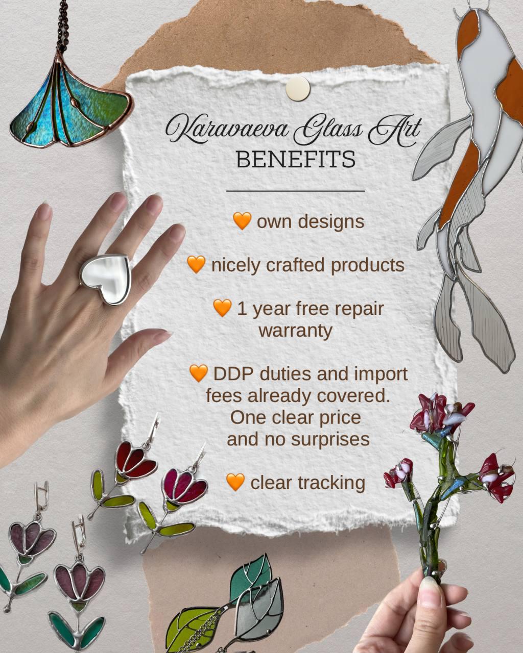 Brand benefits card next to stained glass earrings