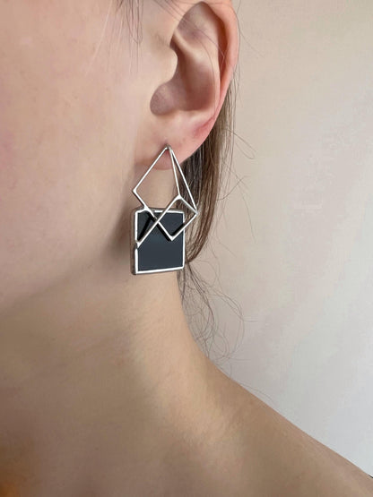 Geometric Pyramid Stud Earrings: Enamel Silver Cyber Gothic Jewelry