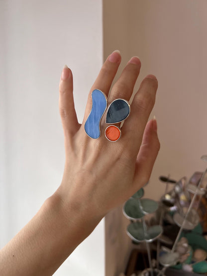 Modern Glass Silver Ring – Abstract Blue Orange Jewelry, Contemporary Art Ring