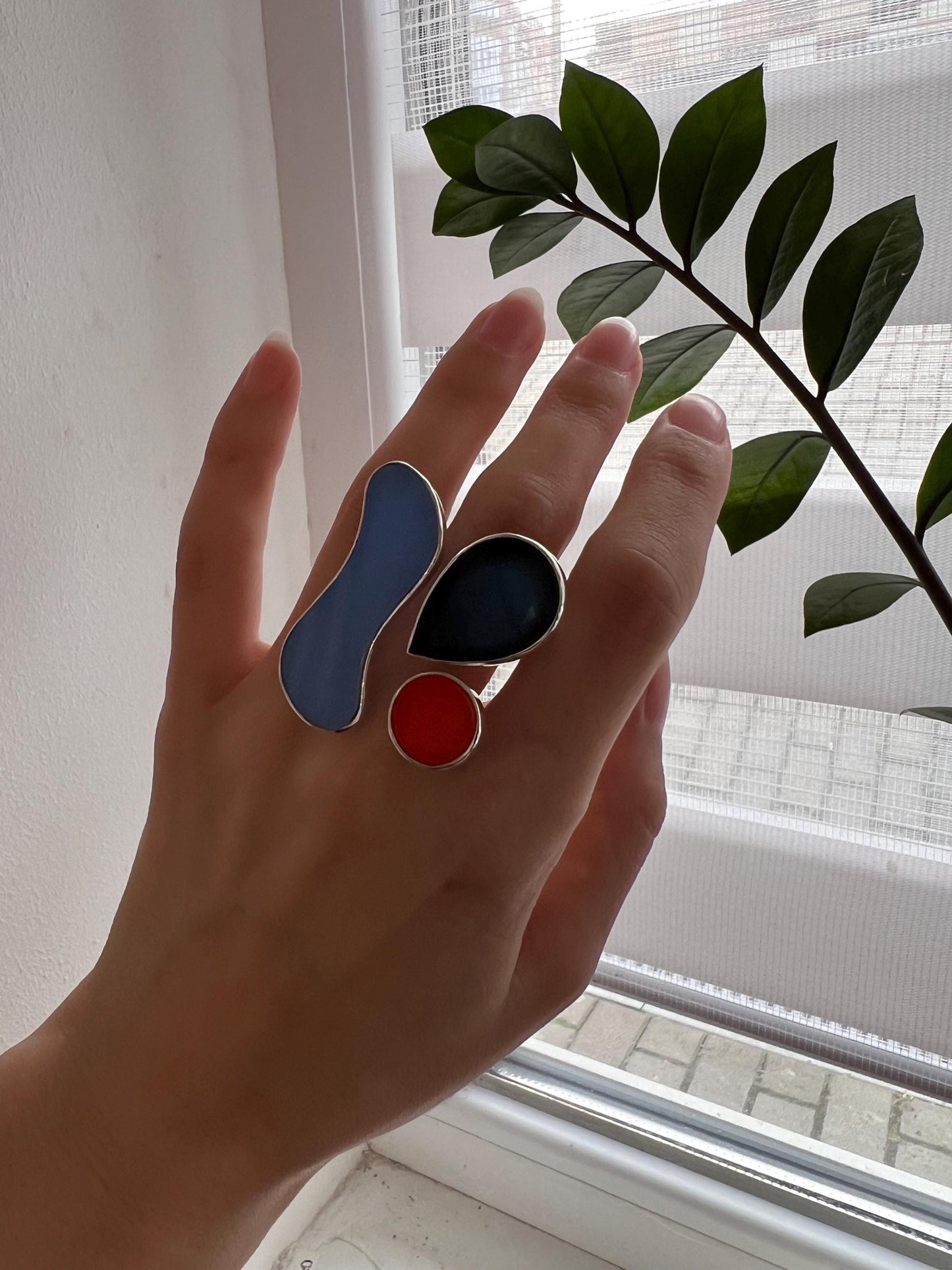 Modern Glass Silver Ring – Abstract Blue Orange Jewelry, Contemporary Art Ring