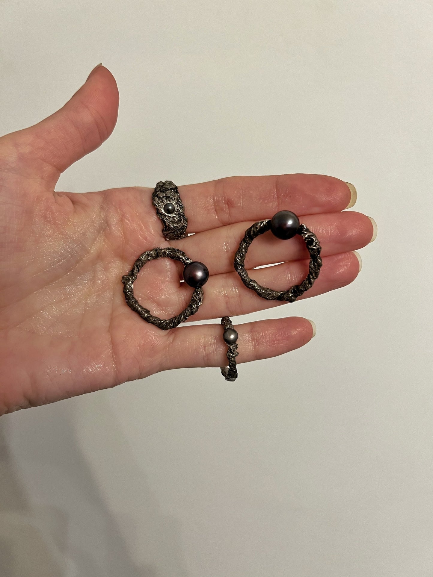Handmade oxidized silver hoop earrings with pearl