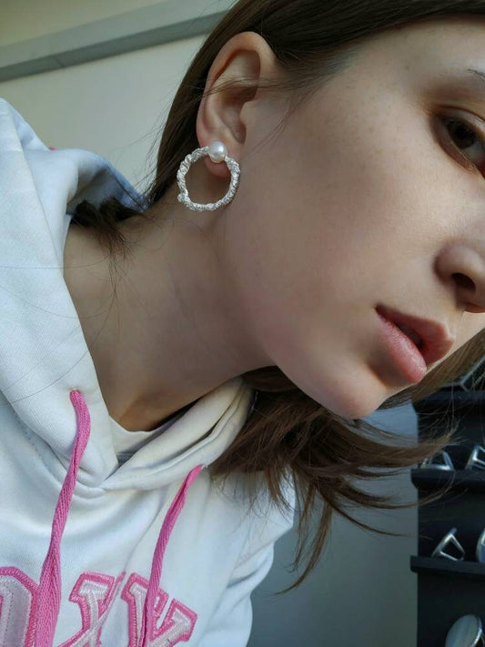 Handmade silver pearl earrings minimalist style