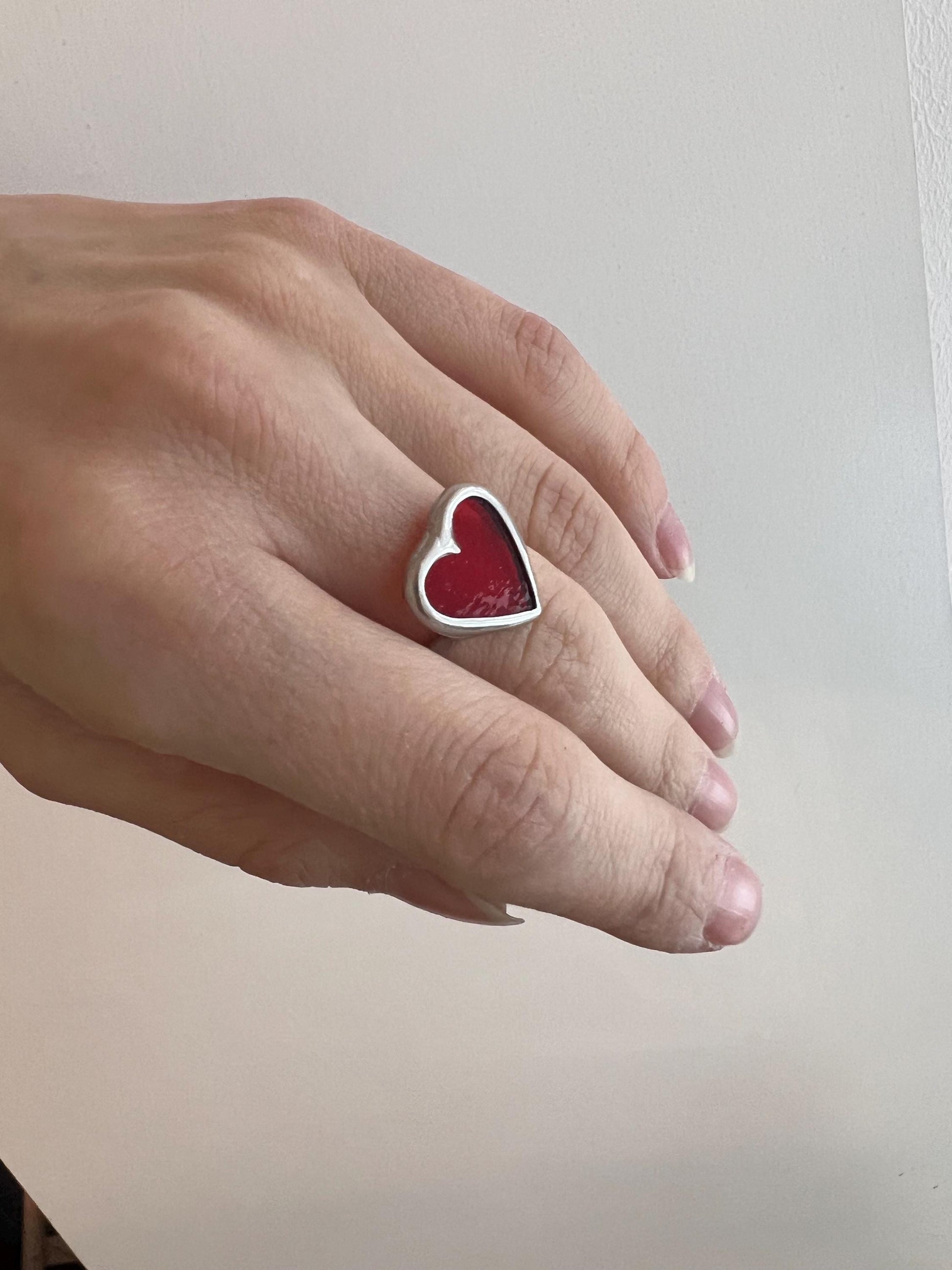 Red heart stained glass ring side view, minimalist romantic ring