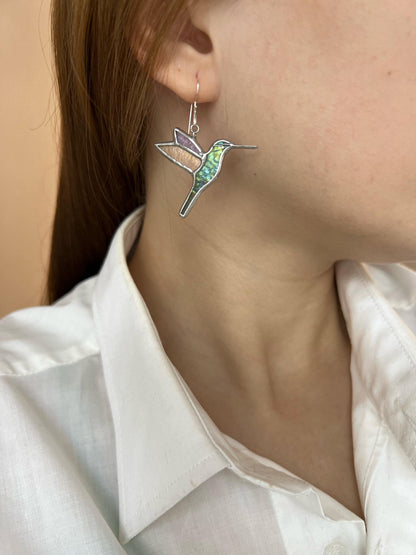 Hummingbird stained glass earrings, statement dangle jewelry for women, bird ornament, nature lover gift for her, summer jewelry