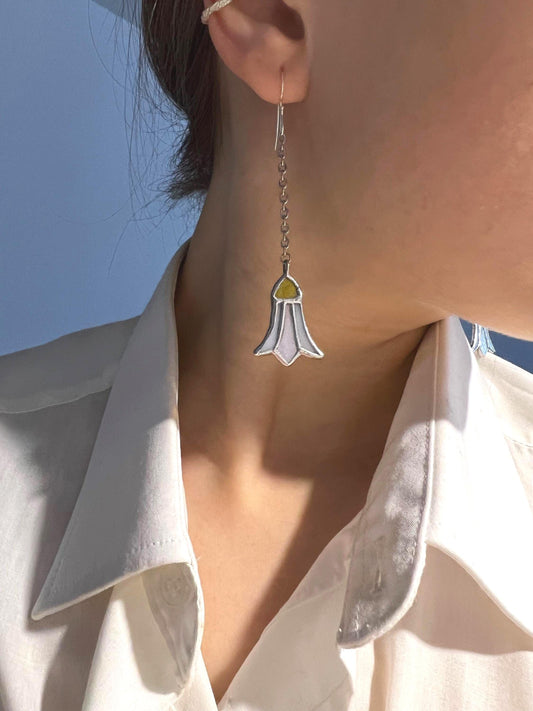 Stained glass bluebell earrings, long dangle flower earrings, unique snowdrop earrings, nature jewelry, gift for women, botanical earrings