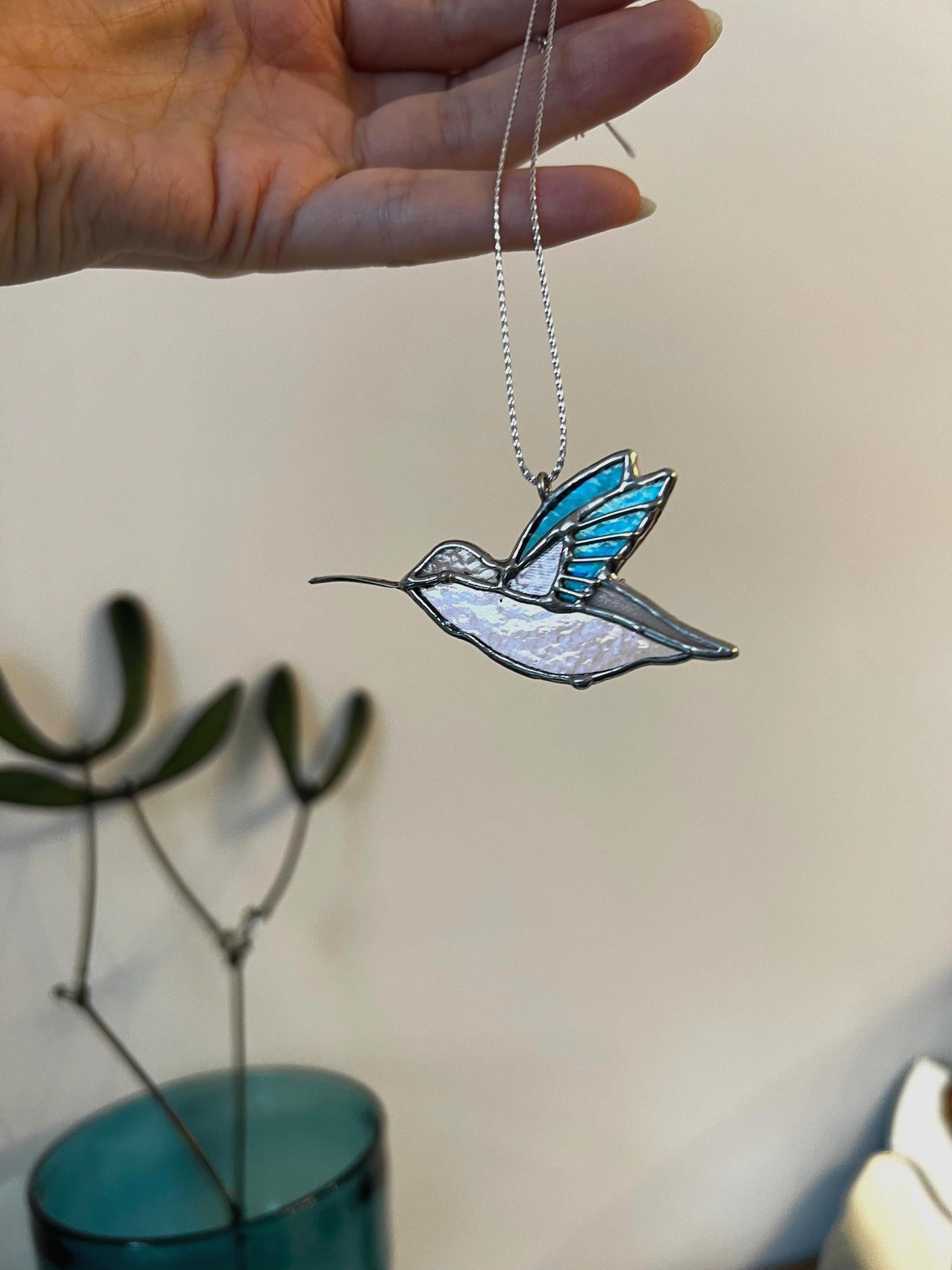 Stained Glass Hummingbird Suncatcher: Turquoise Purple Bird Window Hanging