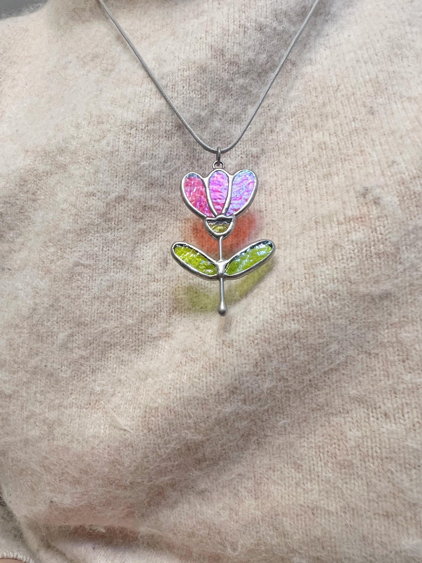botanical stained glass flower pendant close up