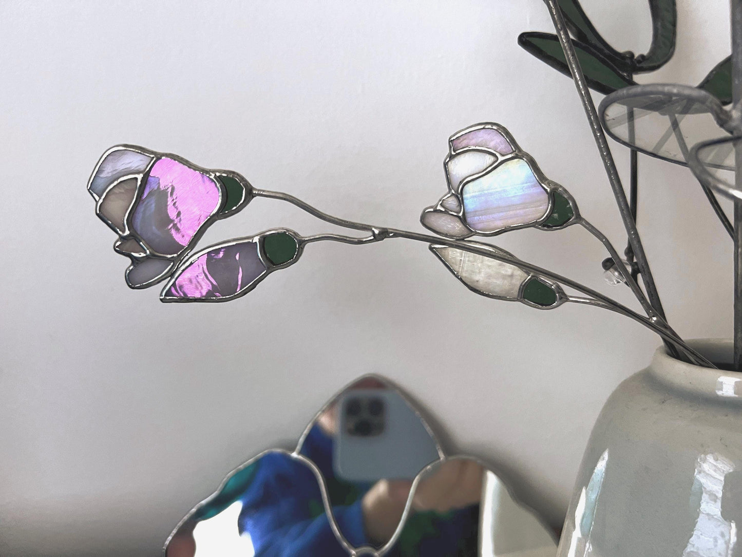 Stained Glass Magnolia Suncatcher: Iridescent Flower Art on Stem