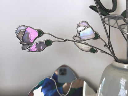 Stained Glass Magnolia Suncatcher: Iridescent Flower Art on Stem