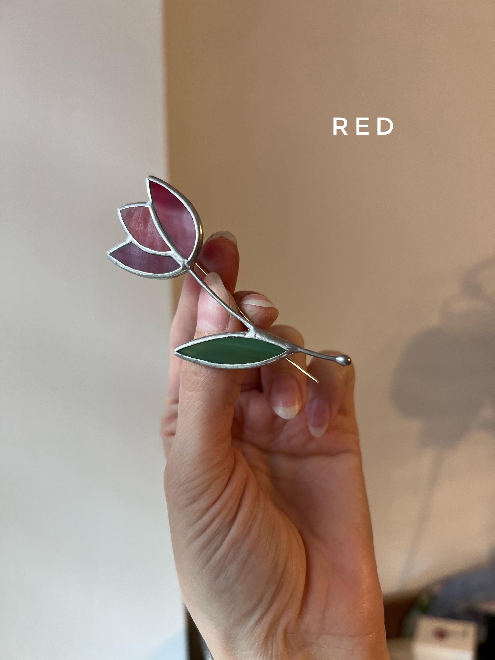 Red stained glass tulip brooch artisan floral pin inspired by blooming summer gardens