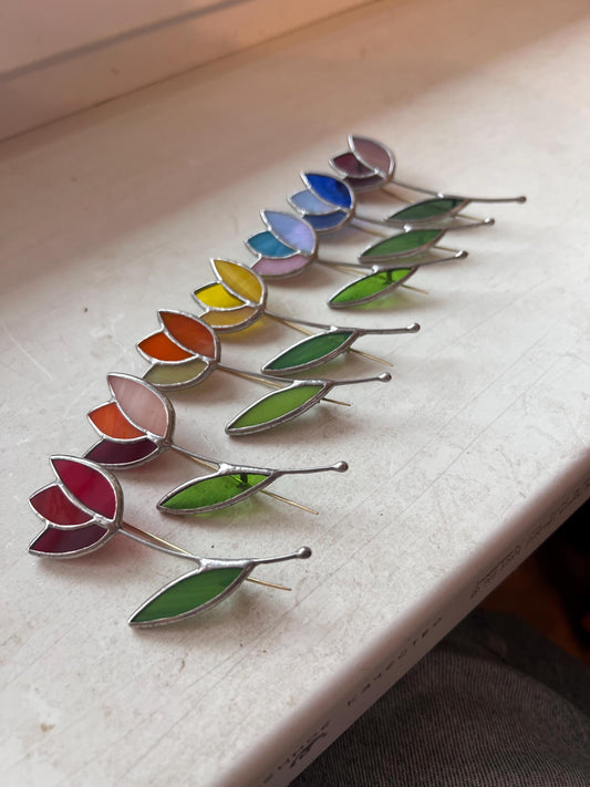 Rainbow stained glass tulip brooch collection handmade botanical flower pins in multiple vibrant summer colors