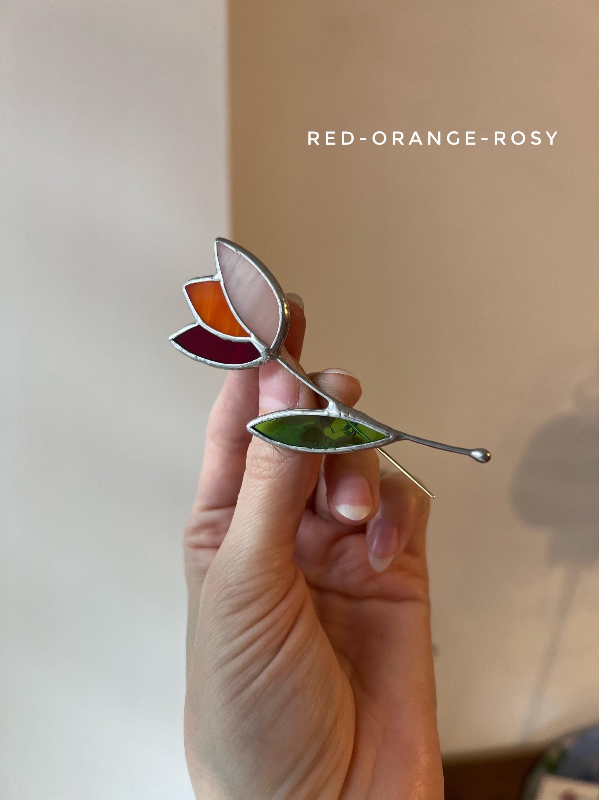 Red orange stained glass tulip brooch handmade summer flower pin closeup