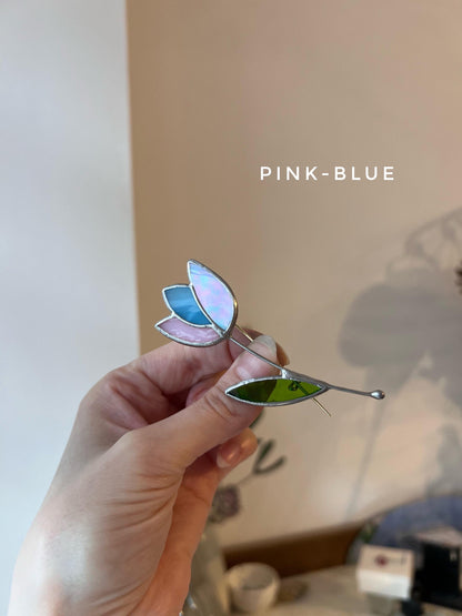 Pink blue stained glass tulip brooch unique botanical flower accessory handmade gift