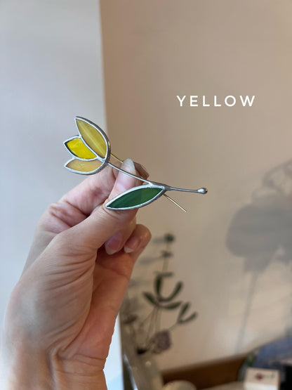 Yellow stained glass tulip brooch botanical jewelry inspired by spring and summer flowers