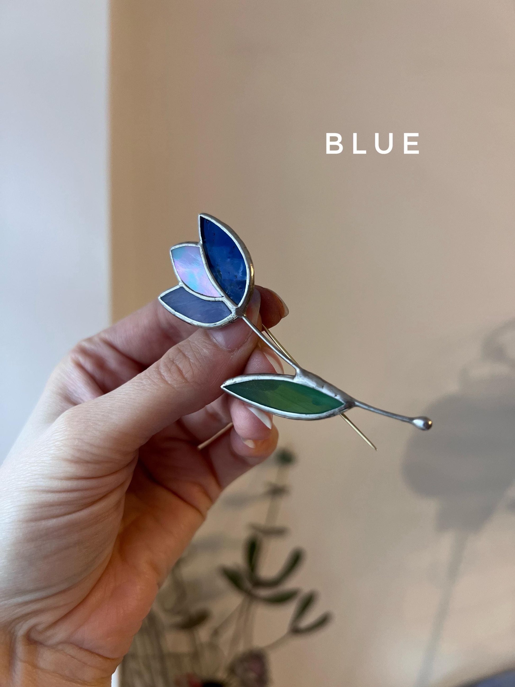Blue stained glass tulip brooch handmade floral pin with green leaf artisan jewelry