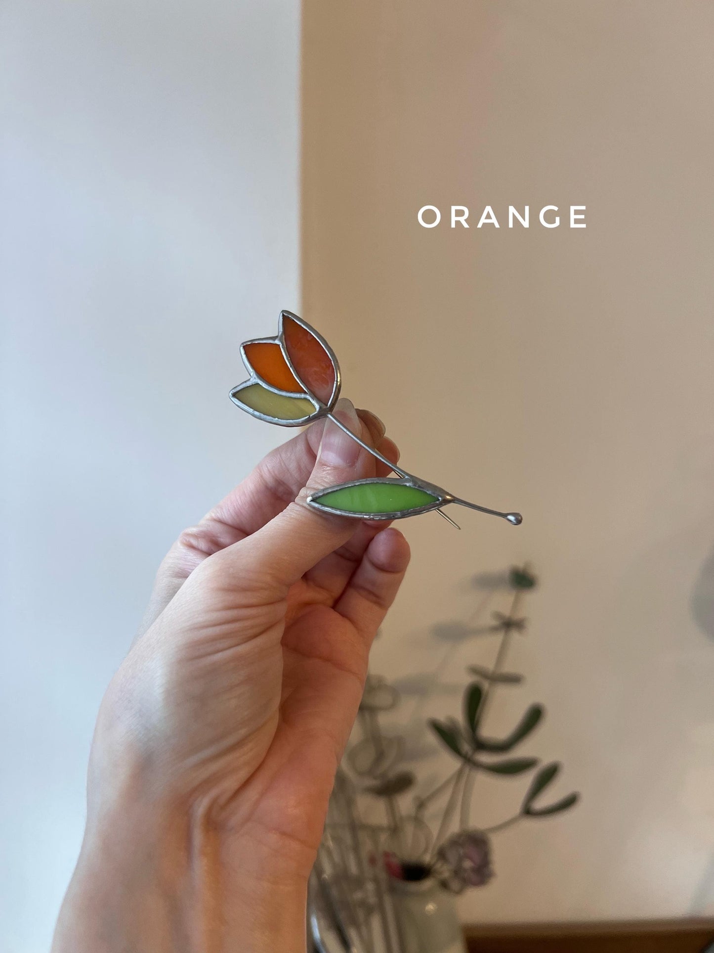 Orange stained glass tulip brooch colorful floral pin handmade glass flower jewelry