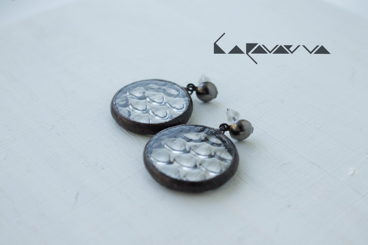 Stained Glass Raindrop Earrings: Round Crystalline Disc, Silver Studs