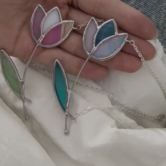 Stained Glass Tulip Necklace: Handmade Floral Pendant, Botanical Jewelry