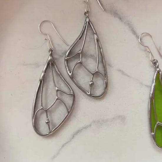 Stained Glass Fairy Wing Earrings: Iridescent Butterfly Dangle Drop