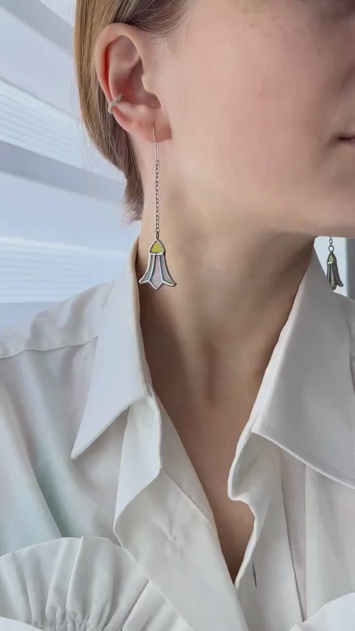 Stained Glass Snowdrop Earrings: Botanical Forest Jewelry