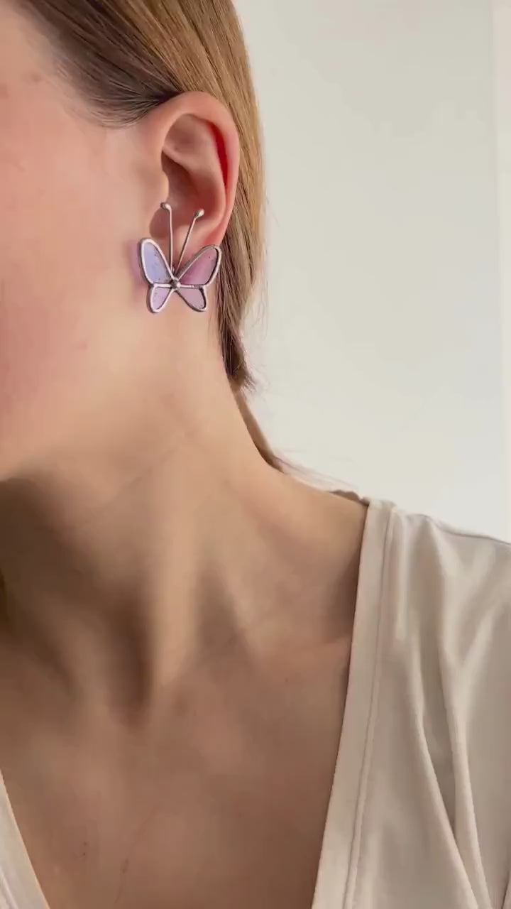 Dark Purple Stained Glass Butterfly Earrings: Fairy Nature Jewelry