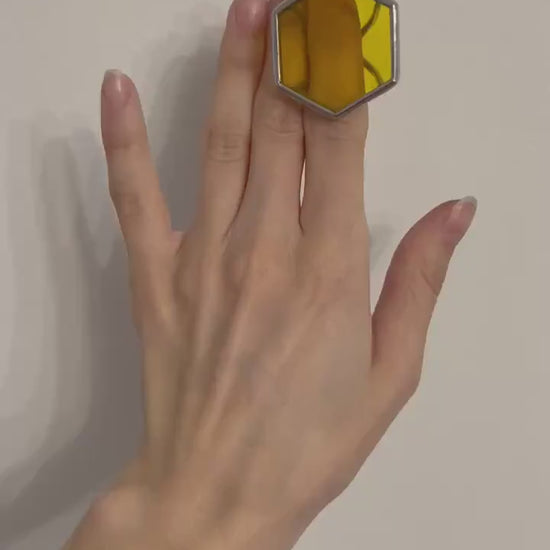 Stained Glass Honeycomb Ring: Geometric Pentagon Statement Jewelry