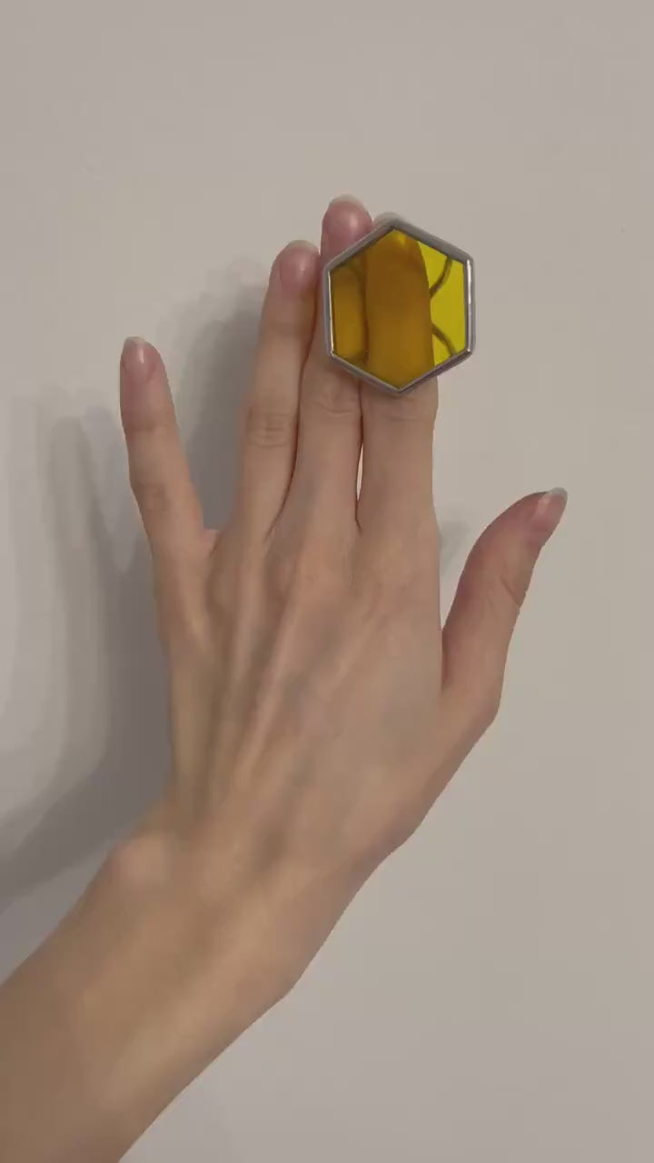 Stained Glass Honeycomb Ring: Geometric Pentagon Statement Jewelry