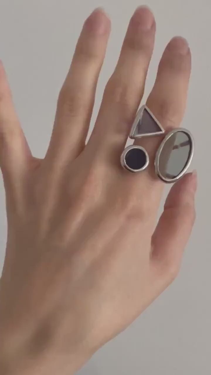 Gray Stained Glass Cocktail Ring: Geometric Minimalist Jewelry