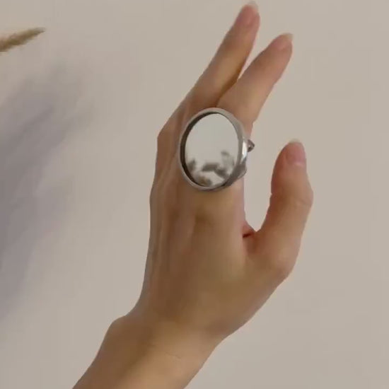 Statement Mirror Ring – Large Round Silver Cocktail Ring, Architectural Functional Jewelry