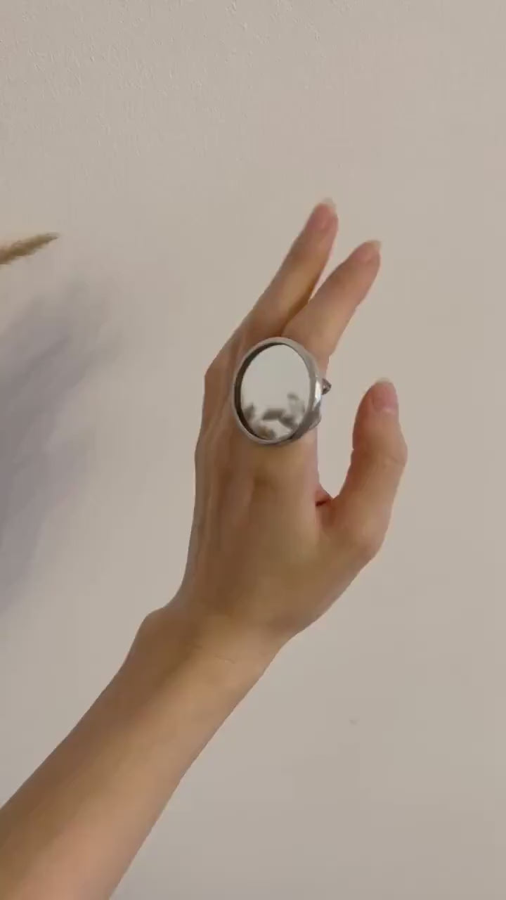 Statement Mirror Ring – Large Round Silver Cocktail Ring, Architectural Functional Jewelry
