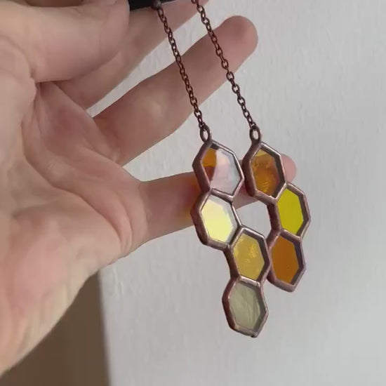 Honeycomb Stained Glass Earrings: Bee Inspired Dangle Jewelry