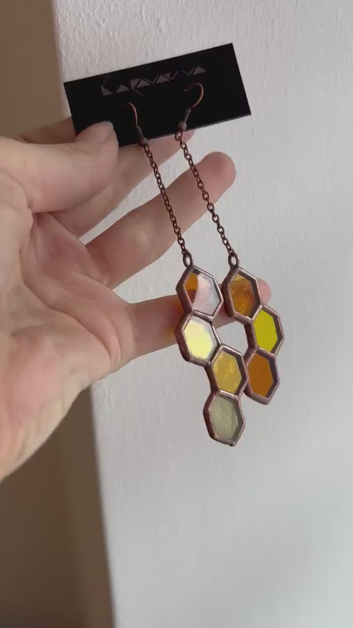 Honeycomb Stained Glass Earrings: Bee Inspired Dangle Jewelry