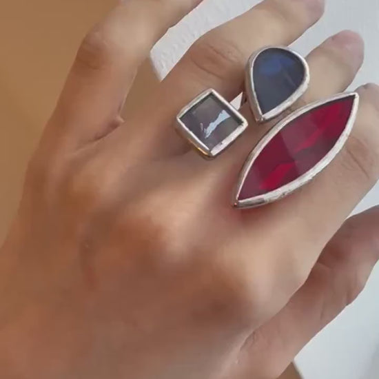 Stained Glass Statement Ring: Geometric Marsala Red, Deep Blue