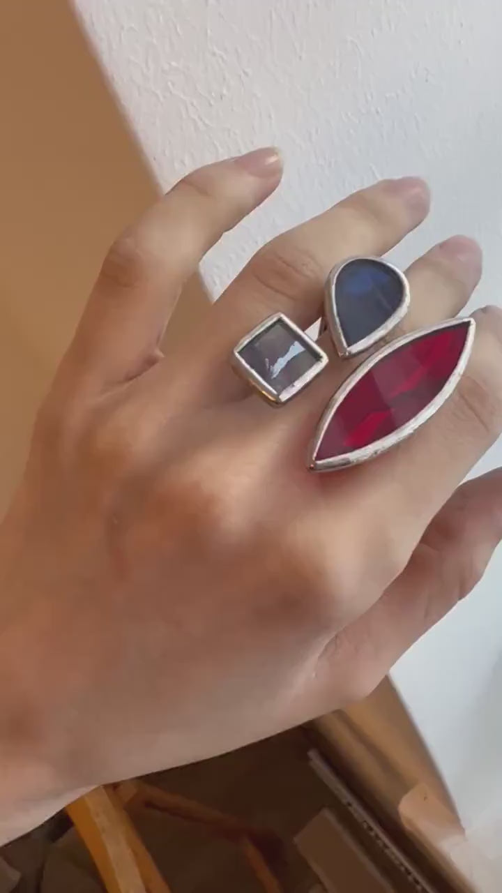 Stained Glass Statement Ring: Geometric Marsala Red, Deep Blue