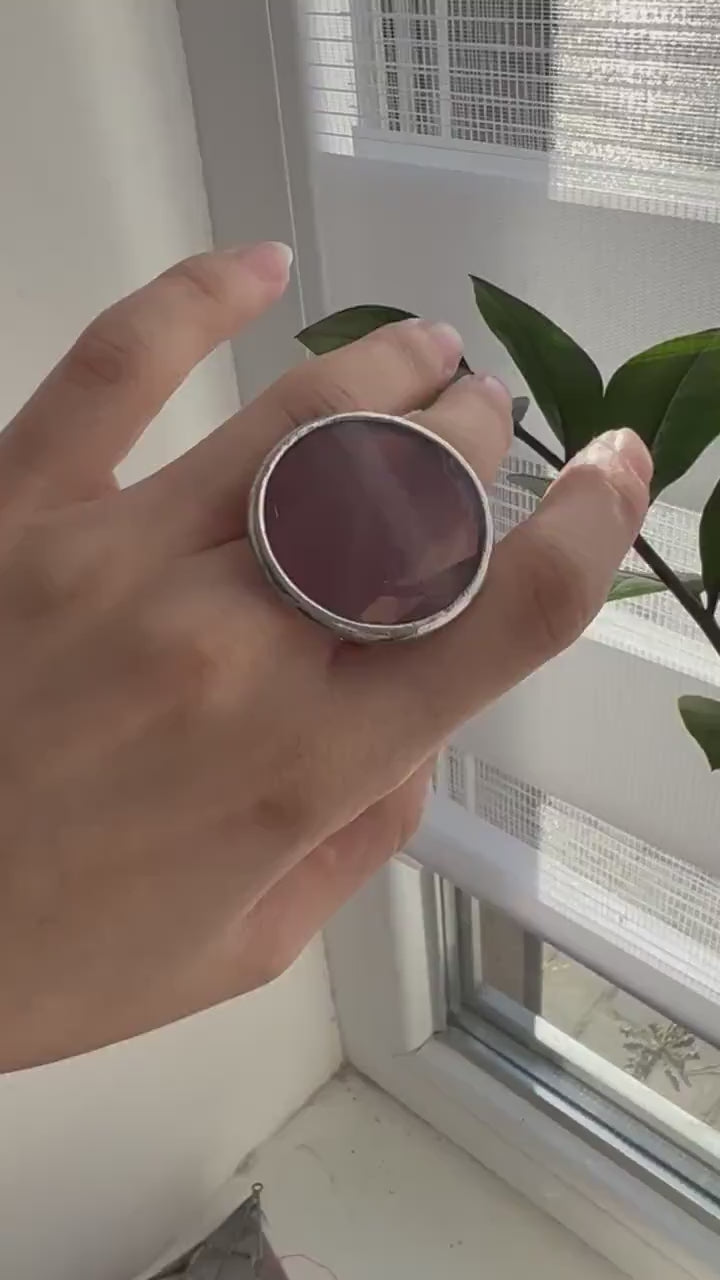 Plum Stained Glass Ring – Large Round Statement Disc