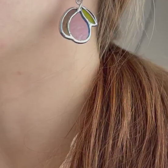 Stained Glass Pear Earrings: Handmade Fruit Jewelry, Kawaii Dangle Earrings